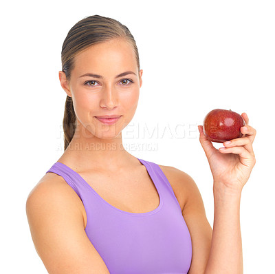 Buy stock photo Healthy, fruit and portrait of a woman with an apple for health on a white background in a studio. Food, smile and fitness trainer with fruits for vegan diet and lifestyle on a studio background
