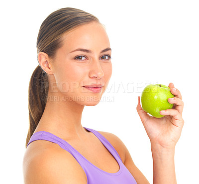 Buy stock photo Nutrition, fruit and portrait of a woman with an apple for health on a white background in a studio. Food, smile and fitness trainer with fruits for vegan diet and lifestyle on a studio background