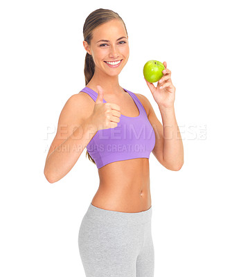 Buy stock photo Woman, studio portrait and apple with thumbs up for health, diet goal or wellness by white background. Isolated model, healthy fruit or smile for nutrition, vitamin c or natural detox for strong body