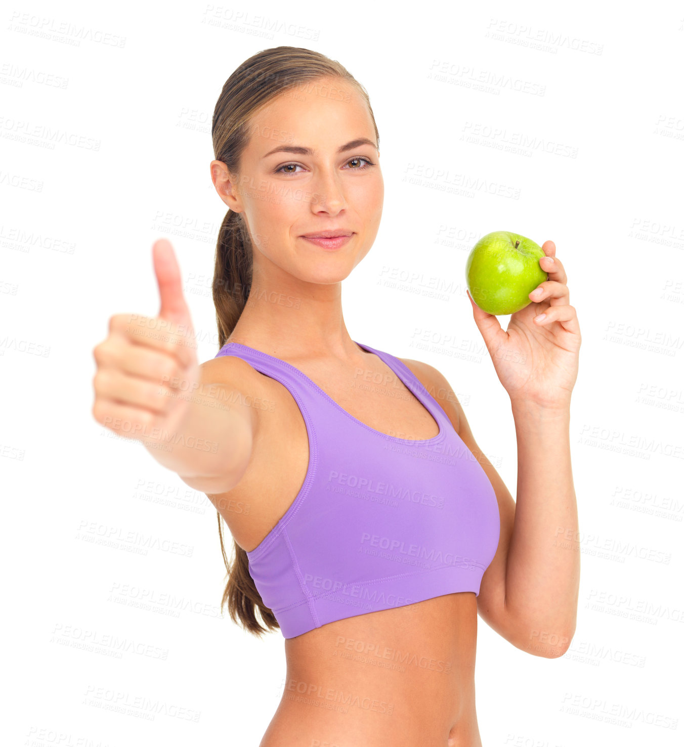 Buy stock photo Woman, apple and studio portrait with thumbs up for nutrition, diet goal or wellness by white background. Isolated model, healthy fruit or smile for health, vitamin c or natural detox for strong body
