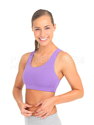 Buy stock photo Fitness portrait, lose weight and stomach of woman in studio isolated on a white background. Face, diet and tummy tuck of happy female model after liposuction for health, wellness or abdomen care. 