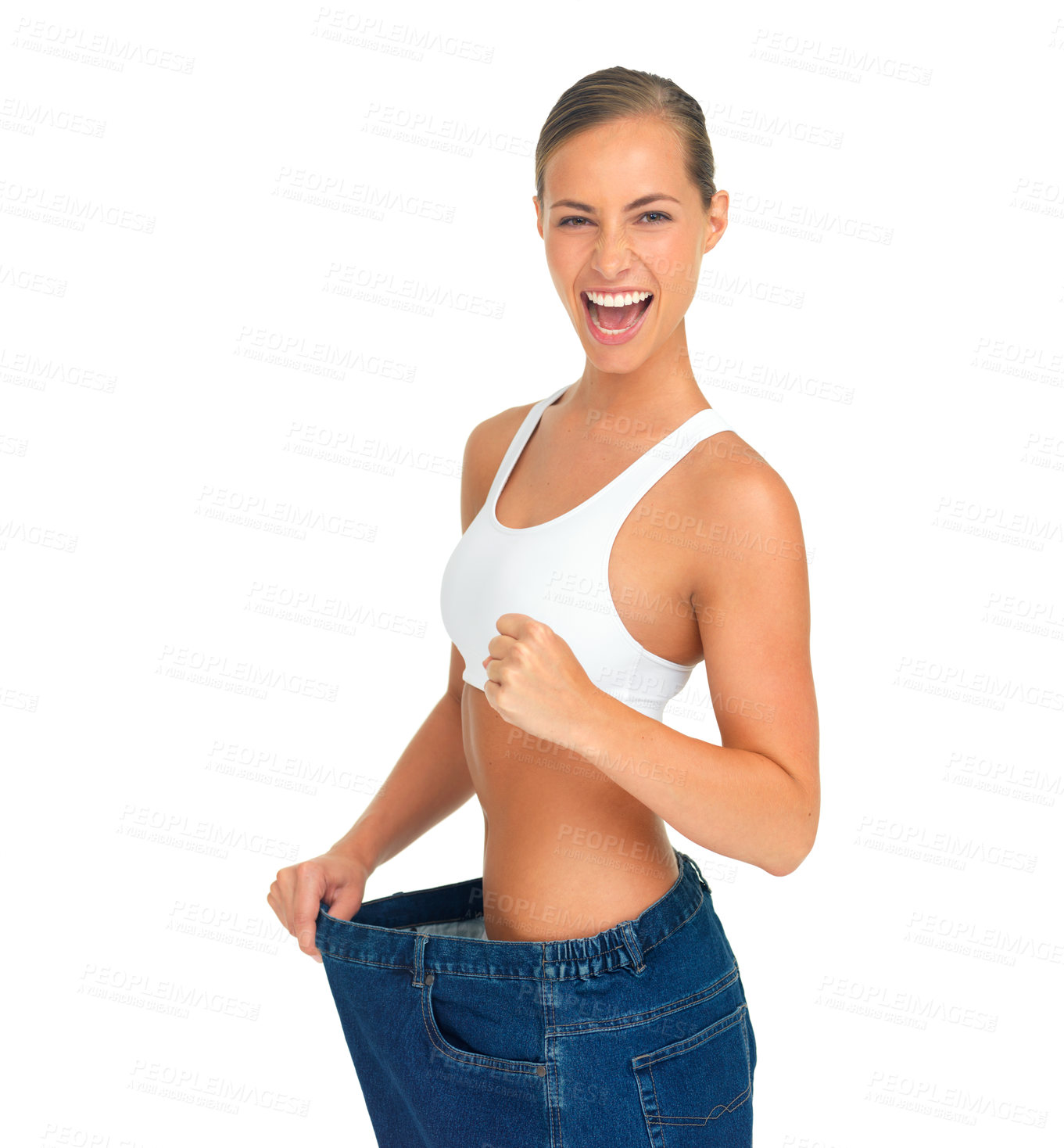 Buy stock photo Portrait of happy woman, excited with weightloss, jeans and tummy tuck with skinny waist, isolated on white background. Fitness, diet progress and wellness, woman with slim figure and healthy weight.