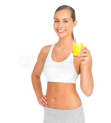 Buy stock photo Woman, studio portrait and orange juice for health, diet and wellness by white background with smile. Isolated model, healthy drink and glass for nutrition, vitamin c or natural detox for strong body