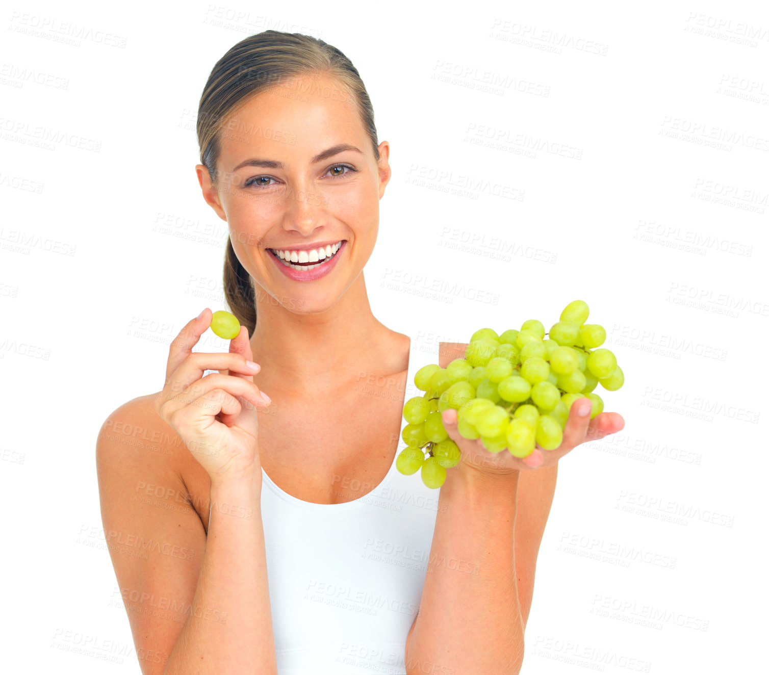 Buy stock photo Health, wellness and woman with grapes in a studio for a healthy snack, nutrition diet or craving. Wellbeing, weightloss and portrait of young female model eating fruit isolated by a white background