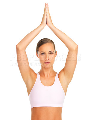 Buy stock photo Yoga, fitness and portrait of a woman training on an isolated white background in studio. Zen, spiritual and girl in a praying pilates pose for meditation, peace and calm on a studio background