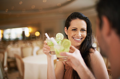 Buy stock photo Shot of a beautiful young woman on a date with her partner