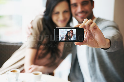 Buy stock photo Happy couple, selfie or love in restaurant on vacation or phone on social media of espresso date together. Man, woman or care in marriage in profile picture or honeymoon memory on smartphone gallery