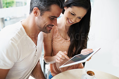 Buy stock photo Happy couple, love or tablet in restaurant to relax or bonding together on espresso date on social media. Man, woman or technology for choice in online shopping, cafe or surfing internet on honeymoon