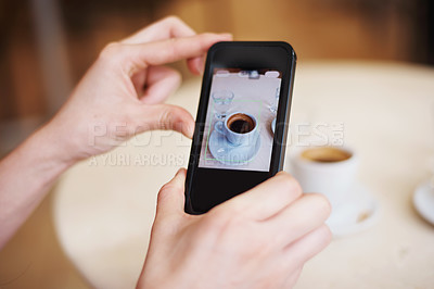 Buy stock photo Cropped shot of a person taking a photo of their espresso