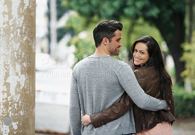 Buy stock photo Happy couple, portrait and walking in park with love, embrace and bonding together on vacation in city. Husband, wife and smile on face on romantic date, holiday and adventure in italy for honeymoon