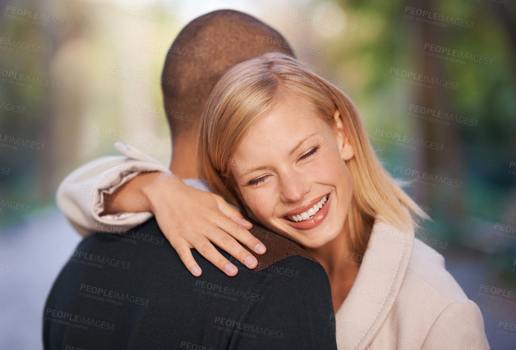 Buy stock photo Happy, love and couple in park hug for bonding, relationship and love outdoors for date. Nature, dating and man and woman embrace for affection, care and commitment on weekend to relax together