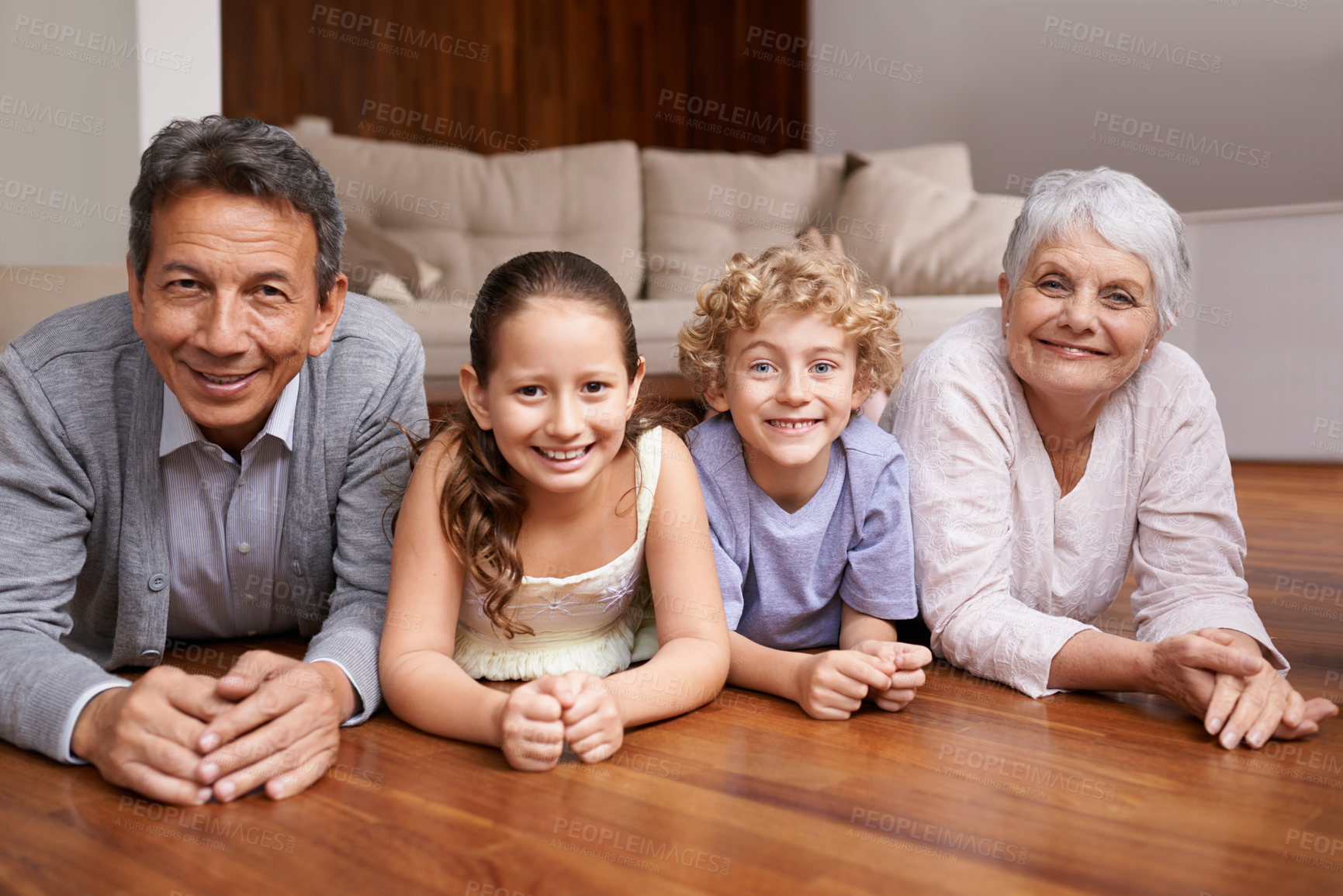 Buy stock photo Portrait, relax or grandparents on the floor with happy kids smiling together in family home in retirement. Senior grandma, smile or fun children siblings bonding to enjoy quality time with old man