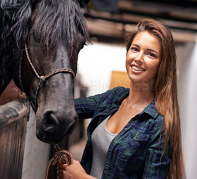 Buy stock photo Woman, portrait and smile with horse in stable for bonding, sports training and recreation in Texas. Stallion, cowgirl and animal or face in barn with smile for healthy livestock, hobby and pet care