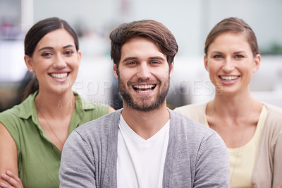 Buy stock photo Portrait, confident and people with smile for collaboration, support and partnership for startup. Happy, entrepreneur and employee with arms crossed for teamwork, help and performance at work