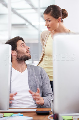 Buy stock photo Business people, computer and discussion on solution for proposal, online and internet for research. Employees, website and teamwork on report in office, communication and problem solving for project