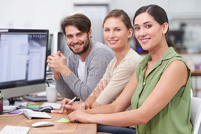 Buy stock photo Businessman, meeting and smile for idea, strategy and company career as software developers in economy. Professional male person, women and discussion in office, desk and group listening together