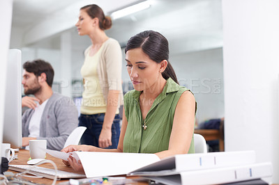 Buy stock photo Administration, coworking space and woman at desk with document, reading and small business. Computer, office and female consultant checking paperwork, for research, review or professional contract