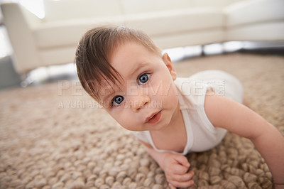 Buy stock photo Sweet, cute and portrait of baby on carpet playing for child development in living room at home. Happy, adorable and young infant, toddler or kid learning to crawl on floor rug in modern house.