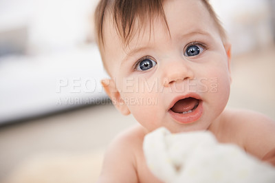 Buy stock photo Baby, portrait and childhood development in home for relaxing in nursery for youth growth, childcare or blanket. Kid, boy and face in apartment with duvet for weekend resting or son, calm or wellness