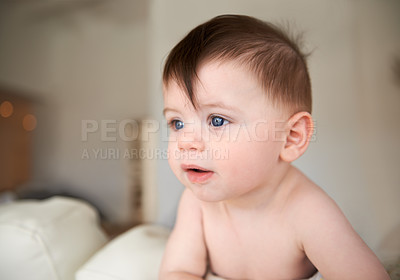 Buy stock photo Sweet, cute and face of baby playing in nursery for child development in living room at home. Happy, adorable and young infant, toddler or kid learning to sitting in bedroom in modern house.