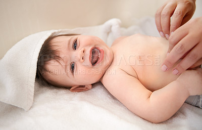 Buy stock photo Portrait, baby and boy with diaper, smile and excited with blanket or relax with happiness. Face, infant or kid with humor or laughing with wellness or healthy with nappy or joyful with child or home