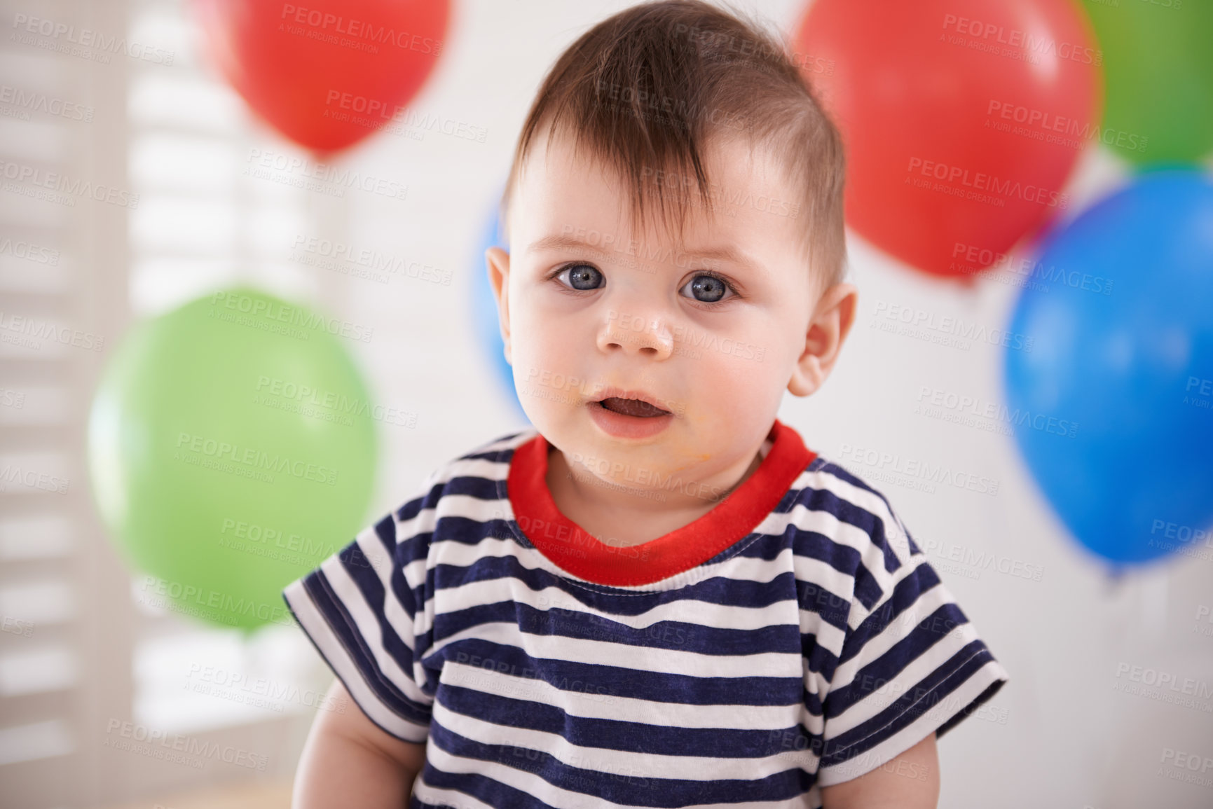 Buy stock photo Baby, portrait and balloons or birthday party celebration on special day or decoration, inflatable or development. Childhood, boy and face at home or milestone event or growth youth, relax or weekend
