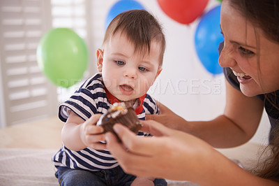 Buy stock photo Baby, mother and birthday party with cake or balloons in home for celebration of special day, decoration or development. Child, parent and sweet dessert with accessories or event, surprise or happy