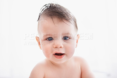 Buy stock photo Cute, portrait and baby in bathtub at house for infant hygiene, health and wellness routine. Sweet, happy and adorable young boy toddler, child or kid washing body for clean skin in bathroom at home.