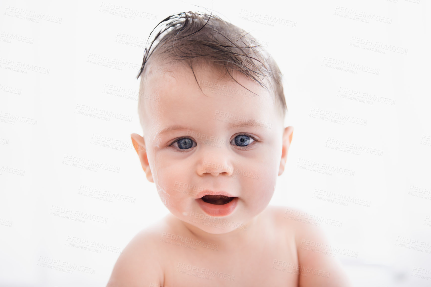 Buy stock photo Cute, portrait and baby in bathtub at house for infant hygiene, health and wellness routine. Sweet, happy and adorable young boy toddler, child or kid washing body for clean skin in bathroom at home.