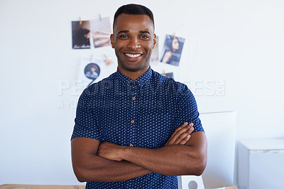 Buy stock photo Man, portrait and smile or confidence at creative studio as magazine editor or photography or article, project or planning. Male person, arms crossed and small business development, design or startup