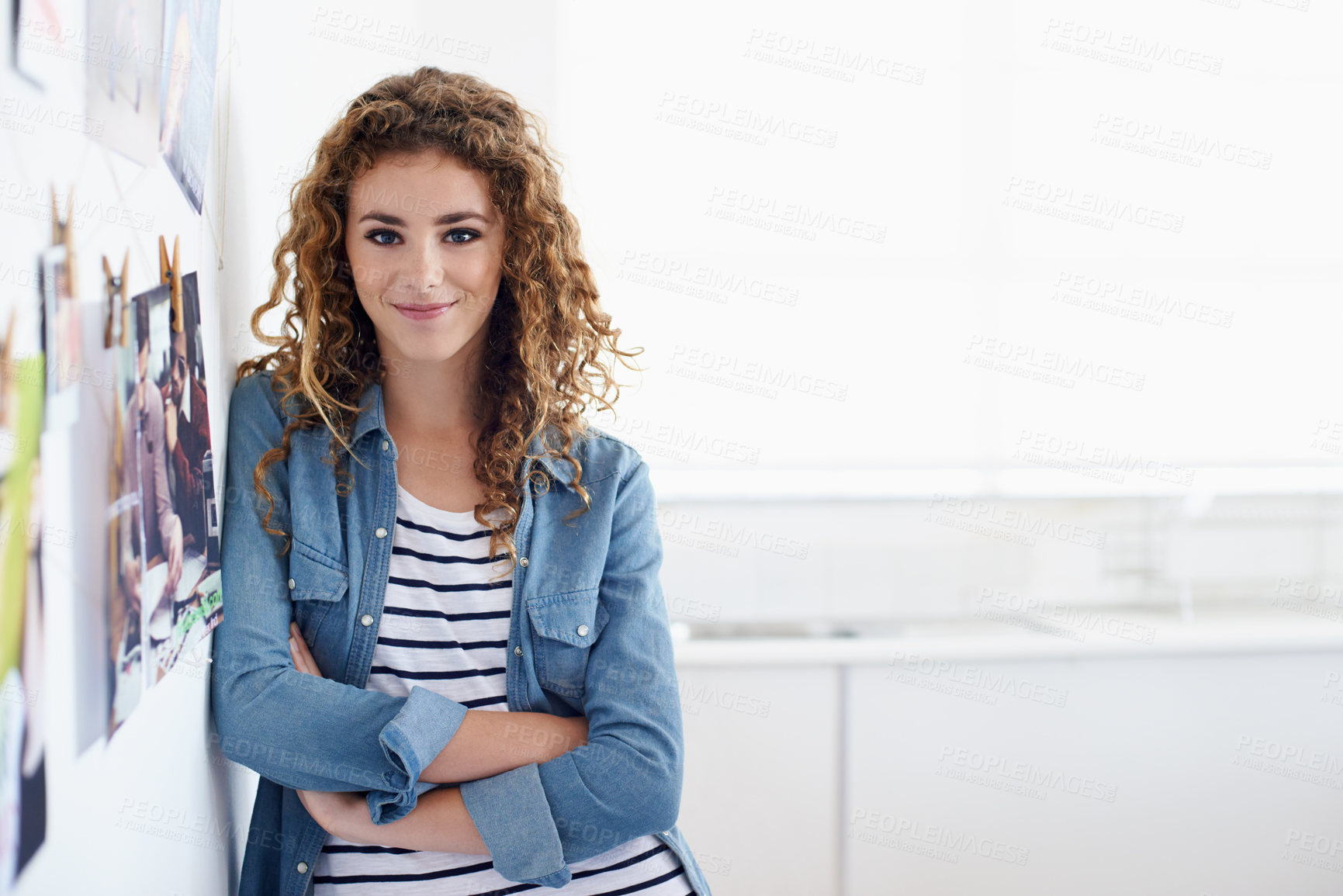 Buy stock photo Smile, crossed arms and portrait of woman in office planning project with vision board. Happy, career and confident professional female designer working on creative startup business in workplace.