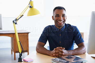 Buy stock photo Thinking, business and black man with smile, professional or entrepreneur with startup or PR consultant. African person, employee or consultant with magazine editor or publisher with creative project