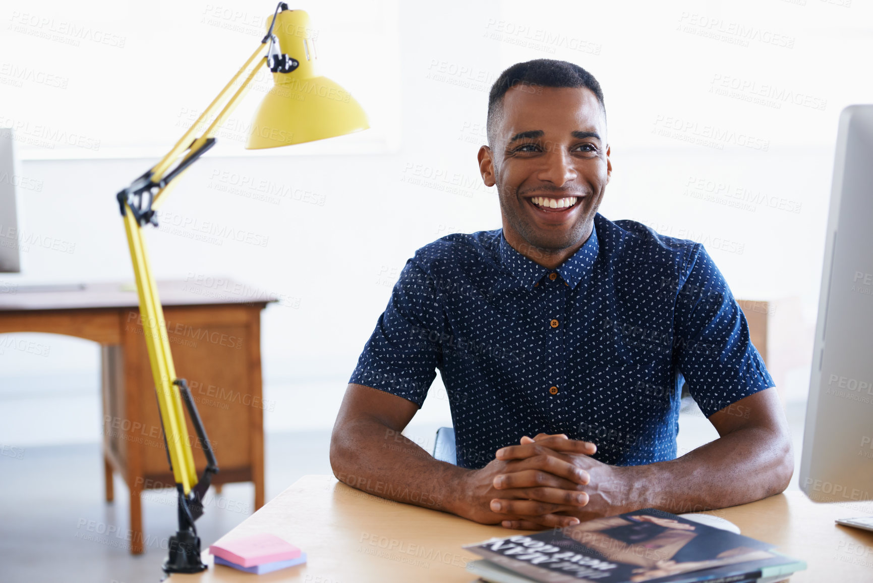 Buy stock photo Thinking, business and black man with smile, professional or entrepreneur with startup or PR consultant. African person, employee or consultant with magazine editor or publisher with creative project