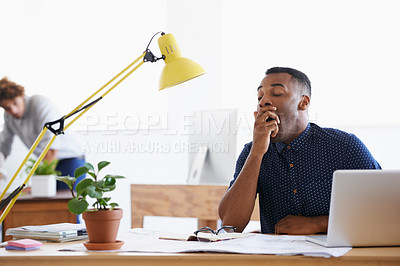Buy stock photo Business, yawn and tired black man in office and stress, burnout or fatigue by laptop in creative startup. Bored, sleepy and exhausted professional, overworked or designer with brain fog for deadline