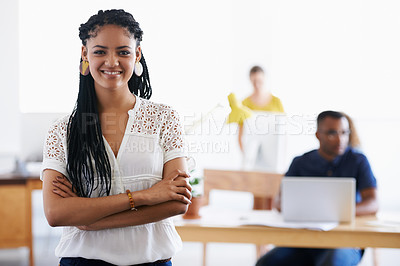 Buy stock photo Portrait, happy and woman with arms crossed, business and employee with startup and collaboration. Face, professional and office with entrepreneur and cooperation with project and creative agency