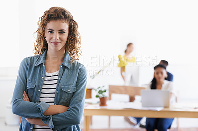 Buy stock photo Happy woman, portrait or graphic designer with arms crossed in creative studio for project or small business. Smile, confident or employee in workspace for entrepreneurship career, startup or office