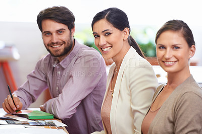 Buy stock photo Portrait, office and smile with teamwork for planning on project, task and ideas for company. Partner, colleagues and workplace on collaboration for business with creativity and brainstorming.