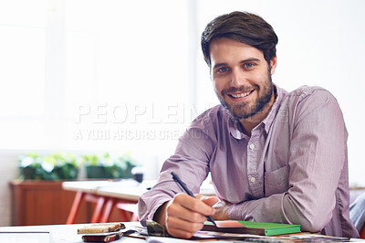 Buy stock photo Male person, writer and notes for book, portrait and company in startup and creative plan. Man, business and journalist for author, paperwork and career with smile, happy and entrepreneur workspace