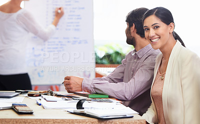 Buy stock photo Portrait, smile and presentation with business woman in boardroom of office for meeting or training. Education, learning and upskill development with happy young employee in company workplace