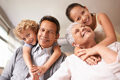 Buy stock photo Portrait, grandparents and grandchildren with smile for family, photo and multi generation bonding. Senior couple, boy and girl with hug, love and happiness for playful relationship together at home