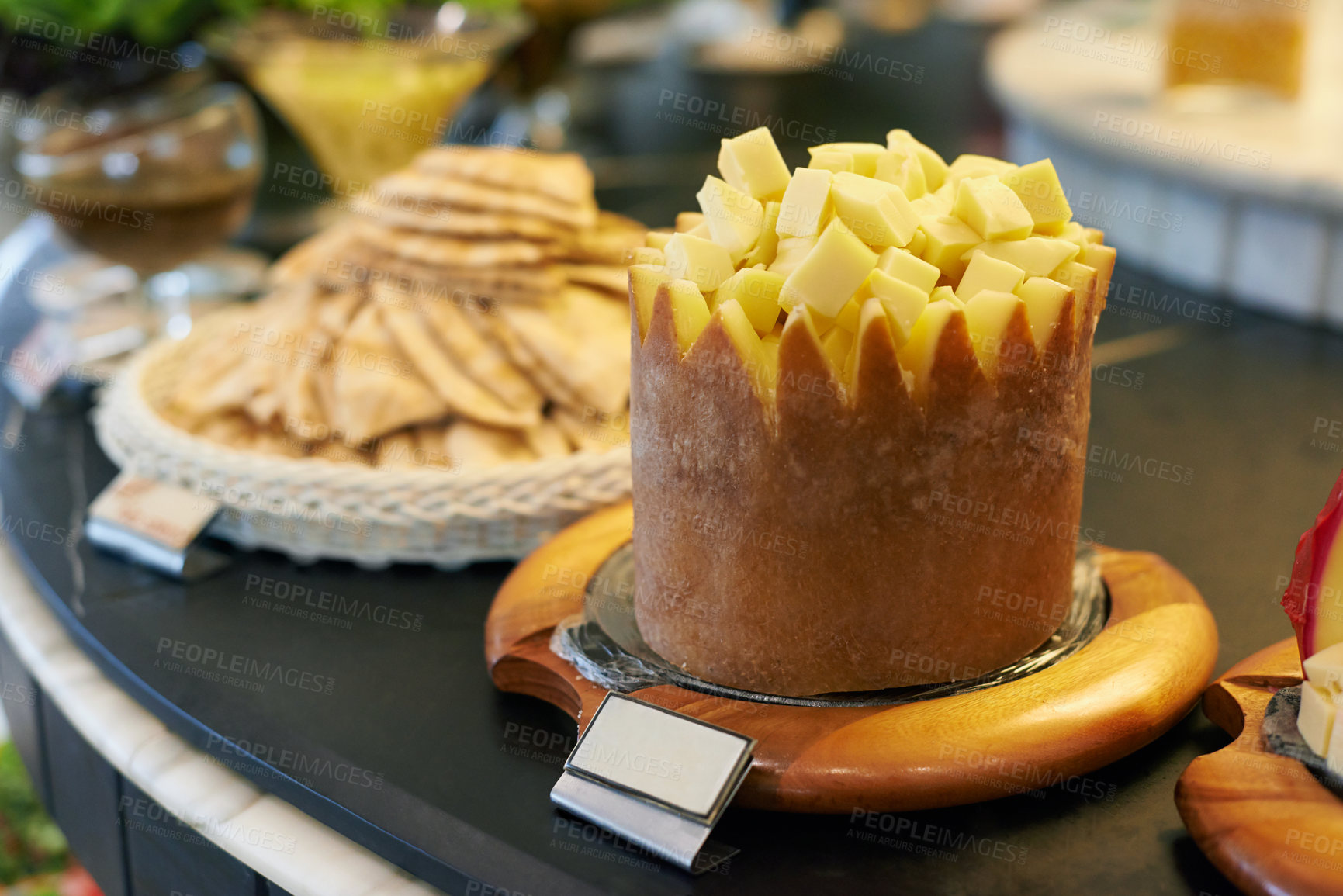 Buy stock photo Food, cheese and bread in restaurant display for catering service, buffet selection and banquet for eating. Cafeteria, fine dining and closeup of table for lunch, supper and dinner event for wellness