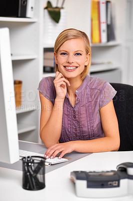 Buy stock photo Computer, smile and portrait of woman in office typing for online email for corporate appointment. Happy, technology and young female receptionist working on project with desktop by desk in workplace
