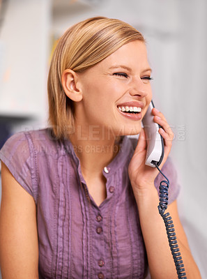 Buy stock photo Receptionist, woman and smile with landline telephone to listen, deal or contact for networking in office. Secretary, person and happy employee with phone call for news, story or info at workplace