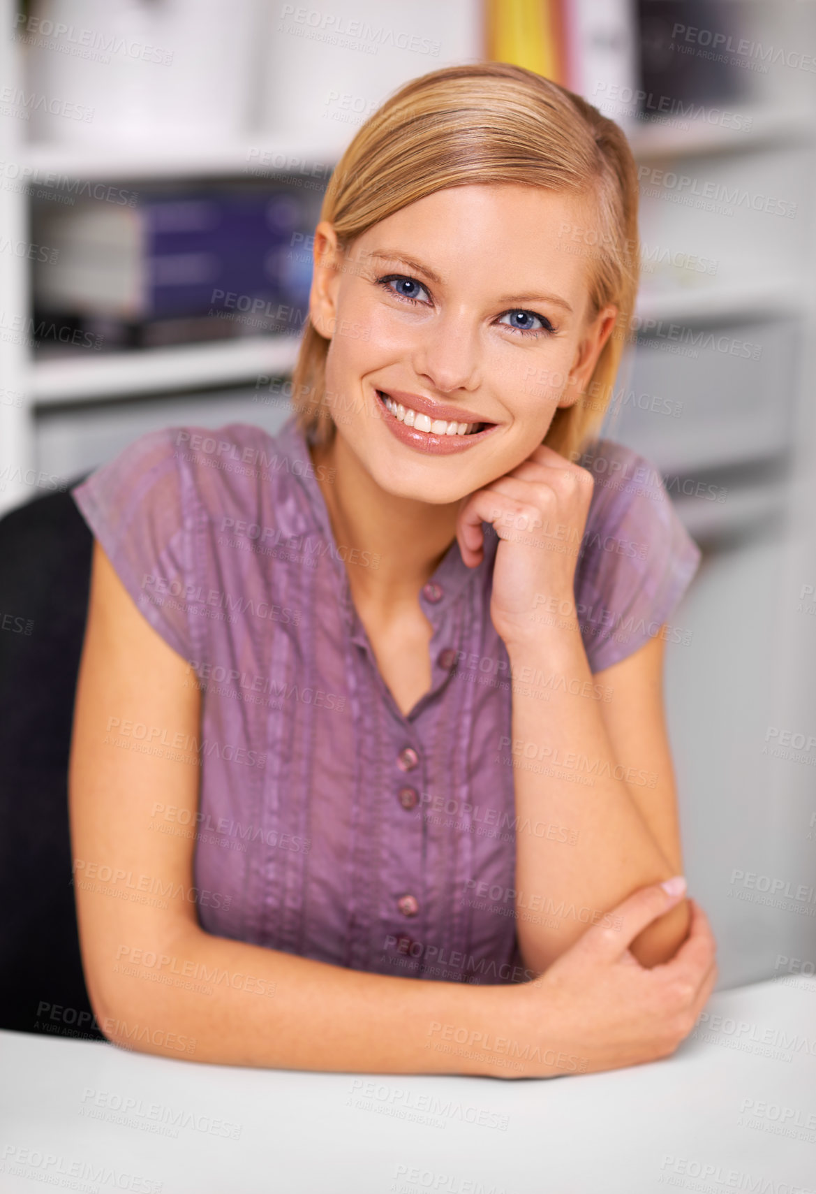 Buy stock photo Pride, smile and portrait of woman in office with positive, good and confident attitude for career. Professional, admin and face of happy young female receptionist from Canada by desk in workplace.