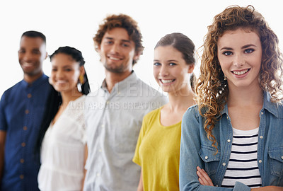 Buy stock photo Happy, portrait and team of business people in studio with collaboration, diversity or unity. Smile, pride and group of young employees with positive, good and confident attitude by white background.