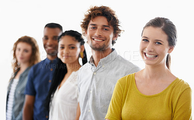 Buy stock photo Cropped shot of a group of work colleagues against a white background