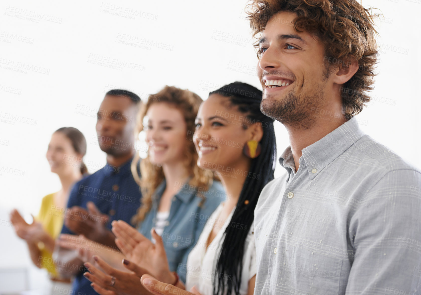 Buy stock photo Happy business people, applause and row in meeting for presentation, conference or team workshop. Group of employees clapping with smile for promo celebration, staff training or success at workplace