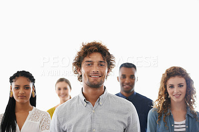 Buy stock photo Business people, portrait and happy with teamwork in studio for recruitment, onboarding and hiring process with mockup. Collaboration, professional workers and face with diversity on white background