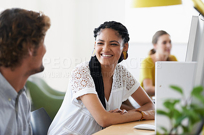 Buy stock photo Happy woman, funny or people in office talking or speaking of a crazy joke, gossip or news on break. Relax, chat or employees laughing in conversation or discussion about on blog or internet article 