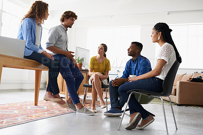 Buy stock photo Business people, teamwork and brainstorming in startup office for creative project planning, conversation or development. Colleagues, diversity and design decision or together, collaboration or chat